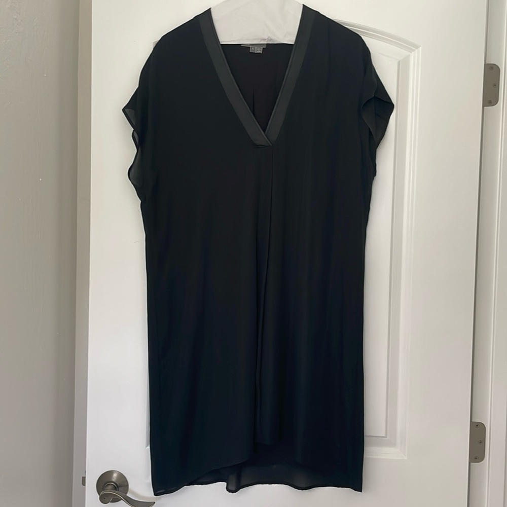 Vince sheet shift dress black with suede trim - size large some wear see photos